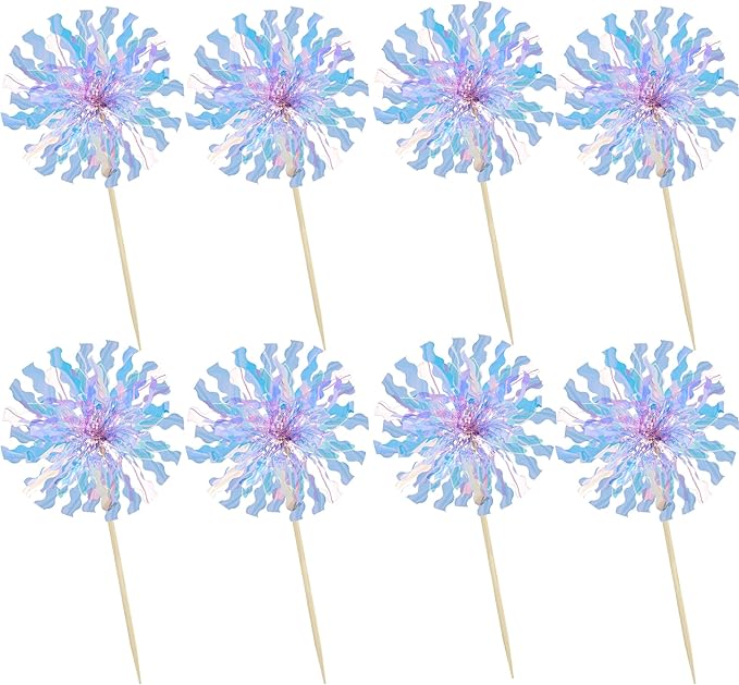 Ephlyn 30Pcs Foil Firework Cupcake Toppers Party Birthday Cake Toppers Supplies Sparkle Tinsel Cocktail Fruit Toothpick for Birthday Wedding Graduation Party Light Blue