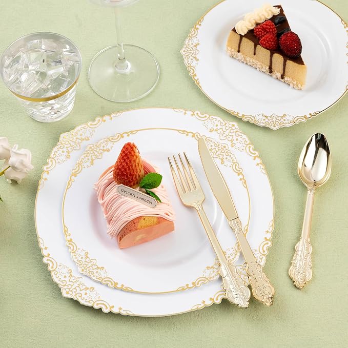 50 Pack Gold Plastic Silverware with Pre Rolled Napkins for 50 Guests, Heavyweight Gold Disposable Utensils Sets Includes 150 Plastic Cutlery, and 50 Napkins for Party & Wedding