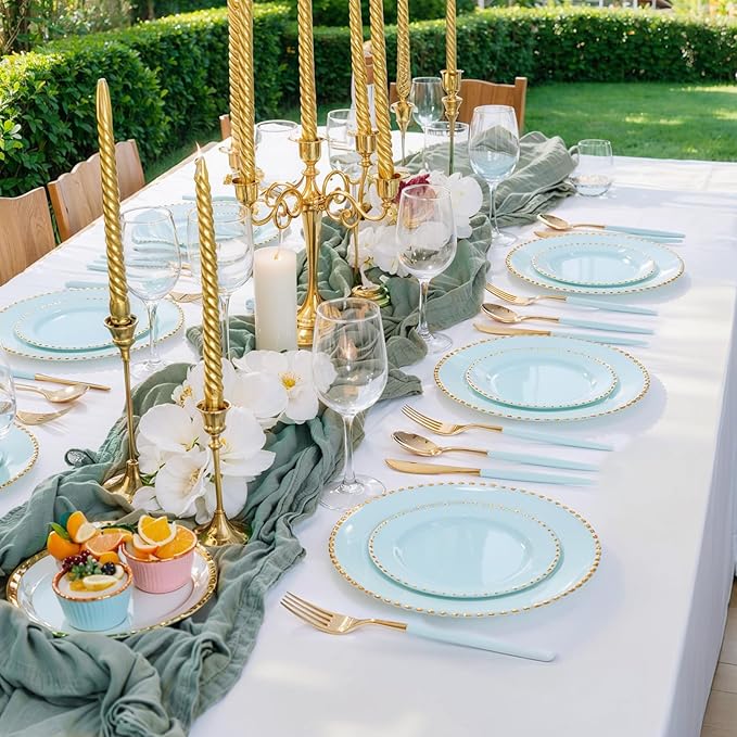 Supernal 102Pcs Mint Green Plastic Silverware,Gold Cutlery with Mint Green Handle,Gold Plastic Silverware Heavy Duty Include 34 Forks,34 Spoons and 34 Knives Prefect for Party,Wedding & Mother's Day