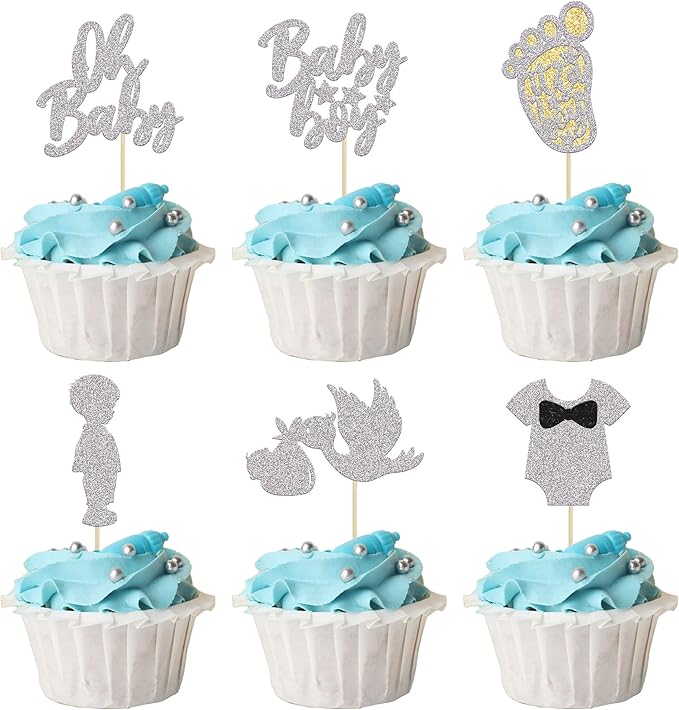 Ephlyn 24Pcs Boy Silver Cake Toppers - It's a Boy Cupcake Toppers, Baby Shower Theme Party Supplies, Upgrade Quality Guarantee