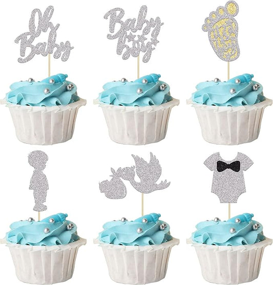 Ephlyn 24Pcs Boy Silver Cake Toppers - It's a Boy Cupcake Toppers, Baby Shower Theme Party Supplies, Upgrade Quality Guarantee