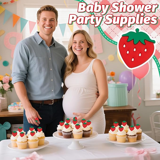 24 PCS Strawberry Cupcake Toppers Berry First Birthday Strawberry Ring Cake Topper for Fruit Baby Shower Berry Sweet Cupcake Decorations Party Supplies