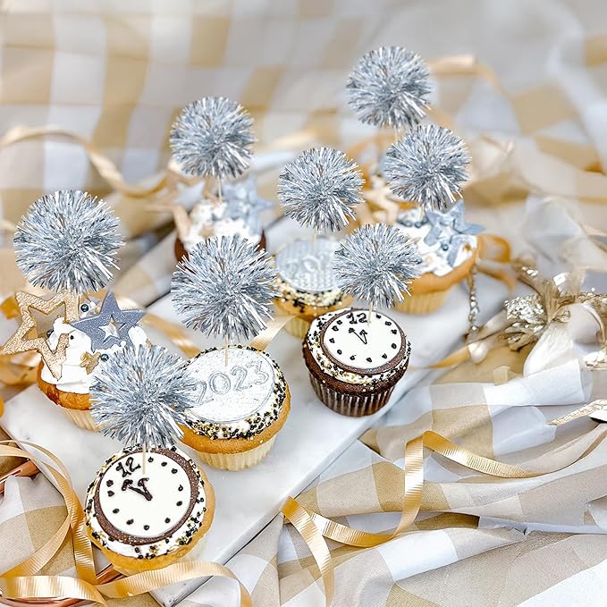 Gyufise 30Pcs Foil Firework Cupcake Toppers Sparkle Tinsel Cake Toppers Tinsel Drink Cake Decoration Cocktail Picks for Birthday Wedding Graduation Party Supplies Dark Silver
