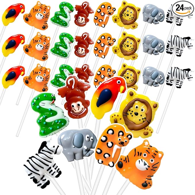 24 Ct African Savannah Animal-Shaped Lollipops Candy, Handmade Lollipops Suckers with unique designs and Fruit Flavors, Candies Lollipop Individually Wrapped Bulk for Zoo Theme Birthday