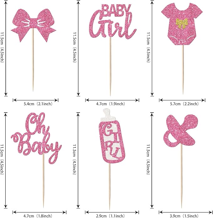 24 Pack Baby Girls Cupcake Toppers It's a Girl Cupcake Toppers Glitter Pacifier Onesie Jumpsuit Bow Gender Reveal Cupcake Picks Welcome Baby Shower Cake Decorations for BabyGirl Birthday Theme Party