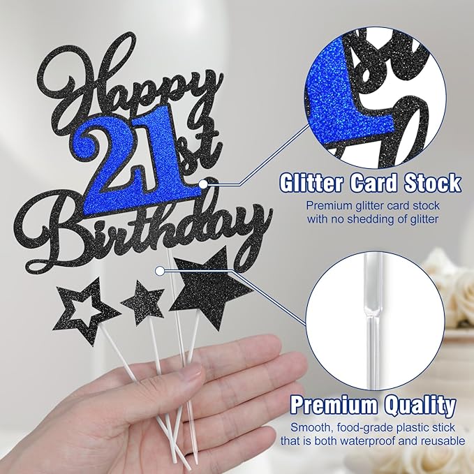 Happy 21st Birthday Cake Toppers, Black Blue Glitter Cake Decorations Set, 21st Birthday Decor, Birthday Anniversary Party Decorations Supplies