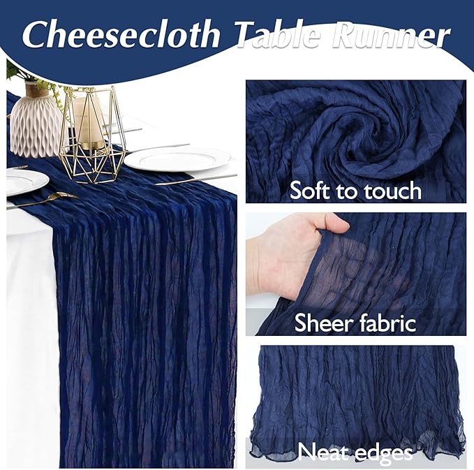 1 Pack Cheesecloth Table Runner Rustic Sheer Boho Gauze 35 x 120 Inch Centerpiece Cheese Cloth for Bridal Baby Shower Summer Spring Decorations Navy Blue