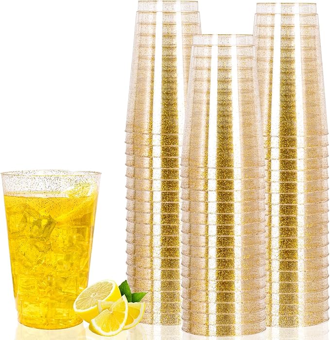 I00000 50 Pack 14 oz Gold Plastic Cups, Disposable Tumblers Gold Glitter Plastic Cups, Disposable Wine Glasses Cocktail Glasses Perfect for Wedding, Mother's Day, Thanksgiving, Christmas Parties