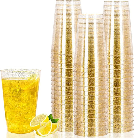 I00000 50 Pack 14 oz Gold Plastic Cups, Disposable Tumblers Gold Glitter Plastic Cups, Disposable Wine Glasses Cocktail Glasses Perfect for Wedding, Mother's Day, Thanksgiving, Christmas Parties