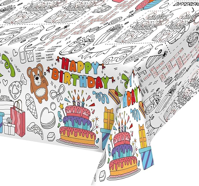 Gatherfun Happy Birthday Party Supplies Color-in Disposable Paper Tablecloth | 54x88 in Happy Birthday Party Decorations Set for Kids Birthday, School & Special Events