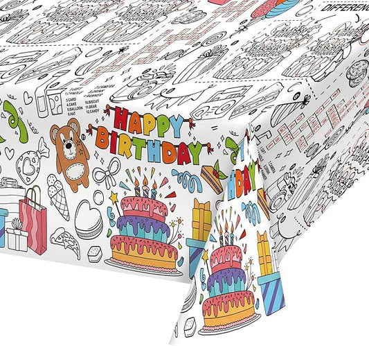 Gatherfun Happy Birthday Party Supplies Color-in Disposable Paper Tablecloth | 54x88 in Happy Birthday Party Decorations Set for Kids Birthday, School & Special Events