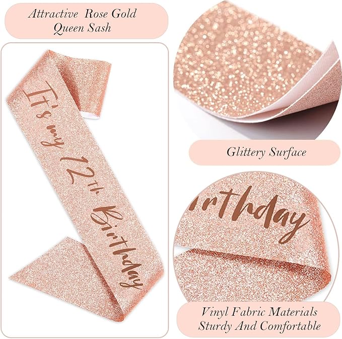 12th Birthday Decorations for Girls, Including 12 year old Cake Topper, Birthday Queen Sash with Pearl Pin, Sweet Rhinestone Tiara Crown, Number Candles and Balloons Set, Rose Gold