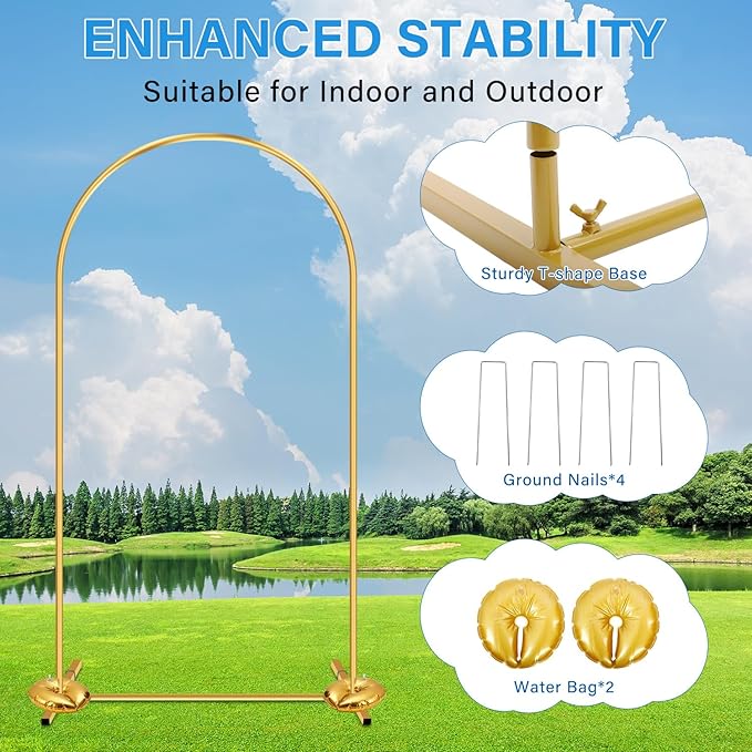 Heavy Duty Metal Arch Backdrop Stand, 7.2FT, 6FT Set of 2 Stable Gold Arch Stand with Ground Stakes and Water Bags, Balloon Arch Stand for Wedding Party Baby Shower Photo Flower Arch Decration
