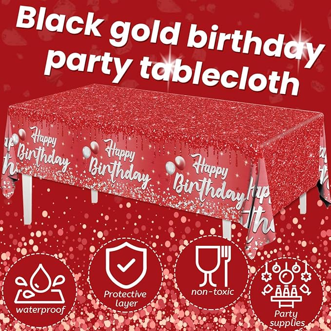 Happy Birthday Party Decorations 3Pcs Happy Birthday Tablecloth Red and Sliver Table Cloth Plastic Table Cover for Women Men Baby Shower Party Supplies