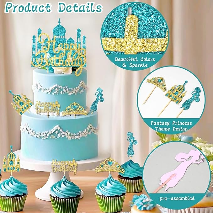 26Pcs Glitter Princess Cake Topper Set with Lake Blue Castle Gold Happy Birthday Cake Toppers Crown Cupcake Topper for Arabian Princess Birthday Baby Shower Costume Party Decor