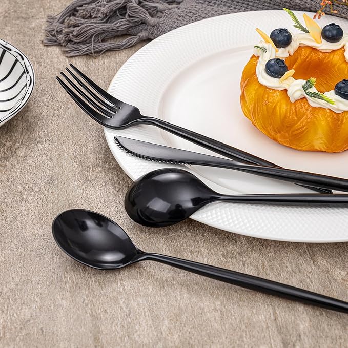 Rubtlamp 90Pcs Plastic Black Silverware, New Year black Disposable Cutlery, Plastic Utensils Heavy Duty include 30 Disposable Knives,60 plastic Forks and Spoons, black Cutlery For New Year Party