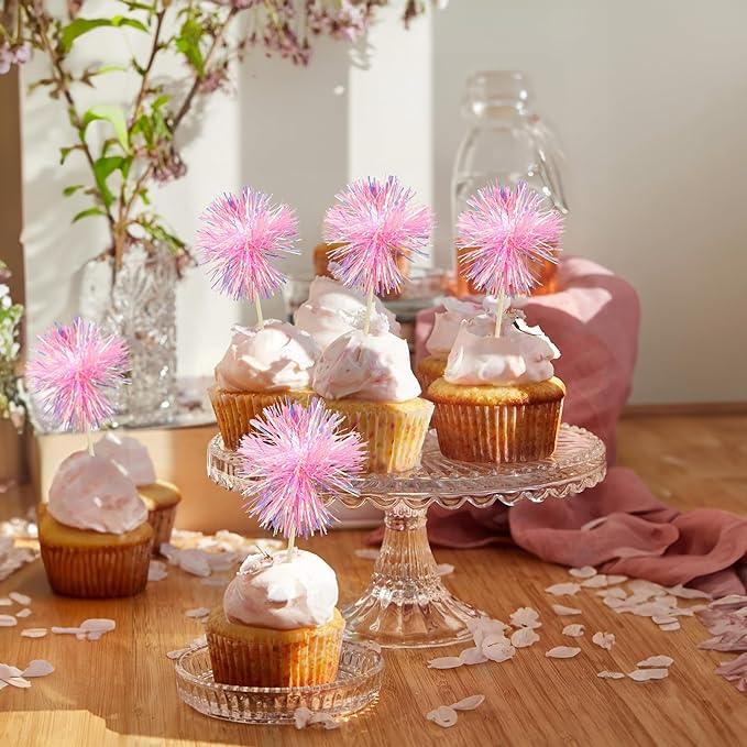 Gyufise 30Pcs Foil Firework Cupcake Toppers Sparkle Tinsel Cake Toppers Tinsel Drink Cake Decoration Cocktail Picks for Birthday Wedding Graduation Party Supplies Dark Pink
