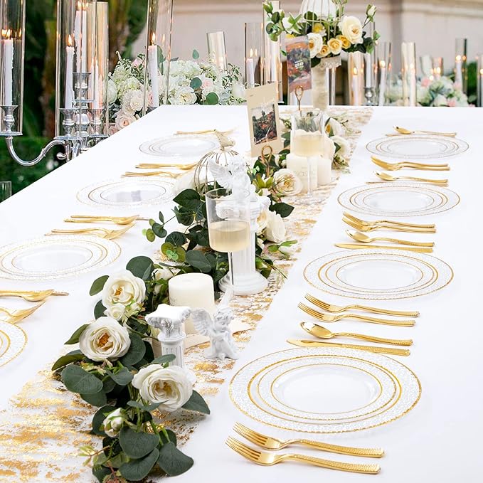 Nervure 300PCS Gold Hammered Plastic Silverware - Heavy Duty Plastic Cutlery - Gold Disposable Utensils Includes 100 Forks, 100 Knives, 100 Spoons Perfect for Wedding & Party