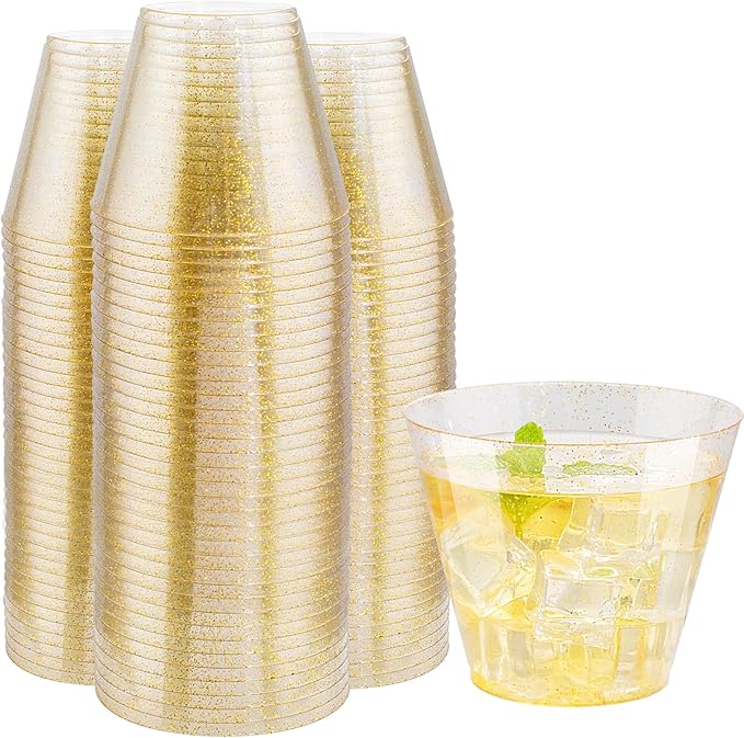 I00000 60 pcs Gold Plastic Cups - 9 OZ Hard Gold Glitter Plastic Cups For Cocktail and Drinking - Premium Disposable Cup with Gold Glitter For Fancy Wedding Party Cup