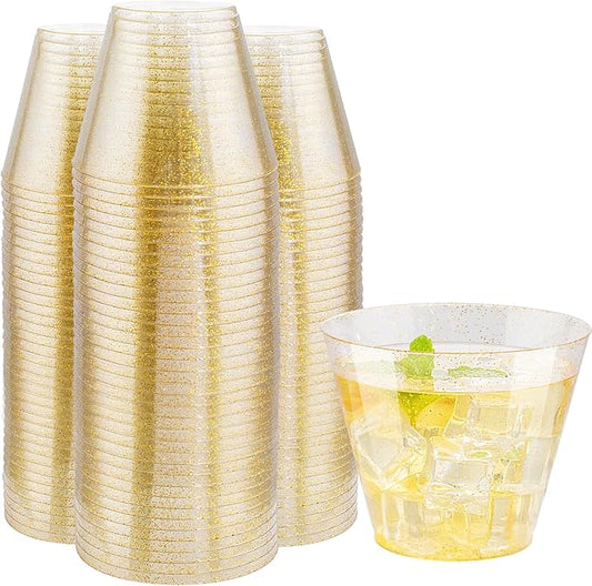 I00000 60 pcs Gold Plastic Cups - 9 OZ Hard Gold Glitter Plastic Cups For Cocktail and Drinking - Premium Disposable Cup with Gold Glitter For Fancy Wedding Party Cup