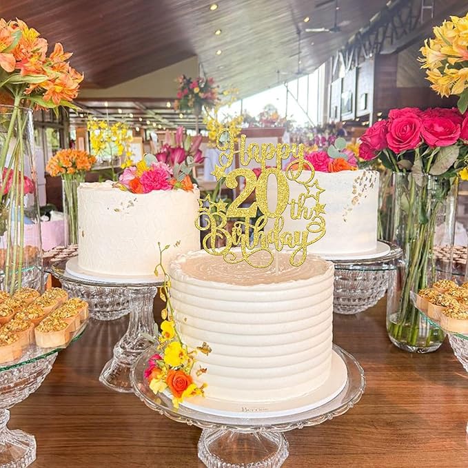 1 PCS Happy 20th Birthday Cake Topper Glitter Cheers to 20 Years Birthday Cake Pick Hello 20 Fabulous Cake Decoration for Happy 20th Birthday Anniversary Party Decorations Supplies Gold