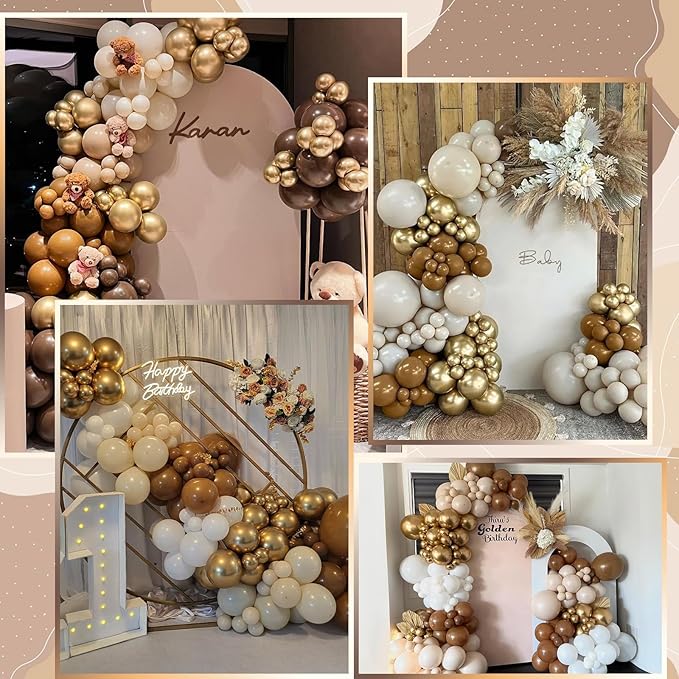 Balloons Brown and Gold, 60 Packs 12 Inch Retro Brown Cream Beige Balloon Sand White Neutral Balloons Metallic Gold Balloon for Bear Birthday Baby Shower Boho Wedding Decorations