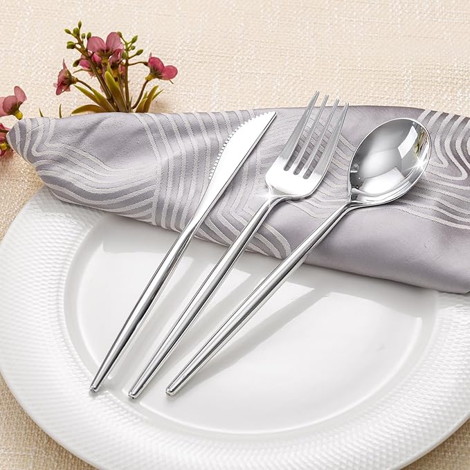 Rubtlamp 90Pcs Silver Christmas Plastic Silverware, Silver Plastic Christmas Utensils, Plastic Cutlery Include 30 Knives, 30 Forks and 30 Spoons, Silverware Heavy Duty For Party
