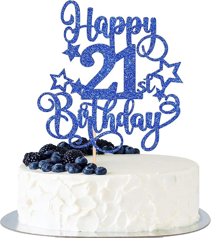 1 PCS Happy 21st Birthday Cake Topper Glitter Cheers to 21 Years Birthday Cake Pick Hello 21 Fabulous Cake Decoration for Happy 21st Birthday Anniversary Party Decorations Supplies Blue