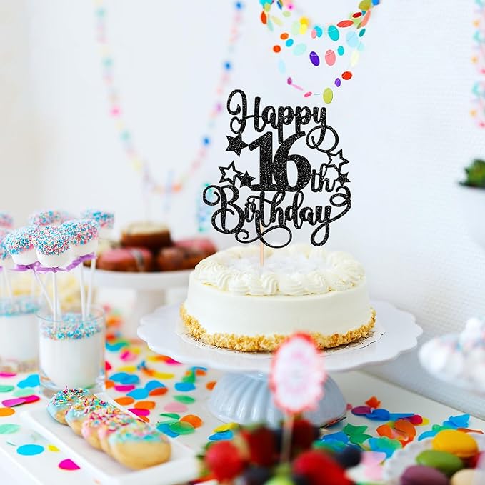 1 PCS Happy 16th Birthday Cake Topper Glitter Cheers to 16 Years Birthday Cake Pick Hello 16 Fabulous Cake Decoration for Happy 16th Birthday Anniversary Party Decorations Supplies Black