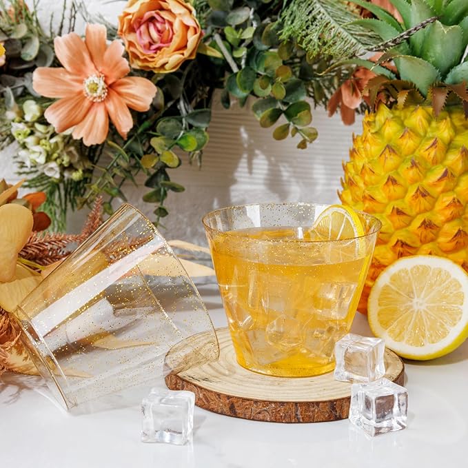 I00000 100pcs Gold Plastic Cups - 9 OZ Hard Gold Glitter Disposable Cups for Cocktail And Drinking - Premium Disposable Plastic Cups with Gold Glitter for Fancy Wedding & Elegant Party Cups