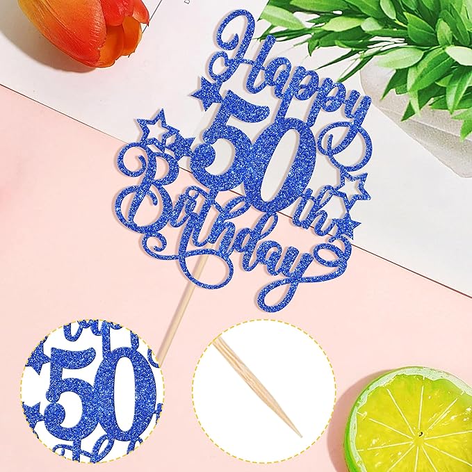 1 PCS Happy 50th Birthday Cake Topper Glitter Cheers to 50 Years Birthday Cake Pick Hello 50 Fabulous Cake Decoration for Happy 50th Birthday Anniversary Party Decorations Supplies Blue