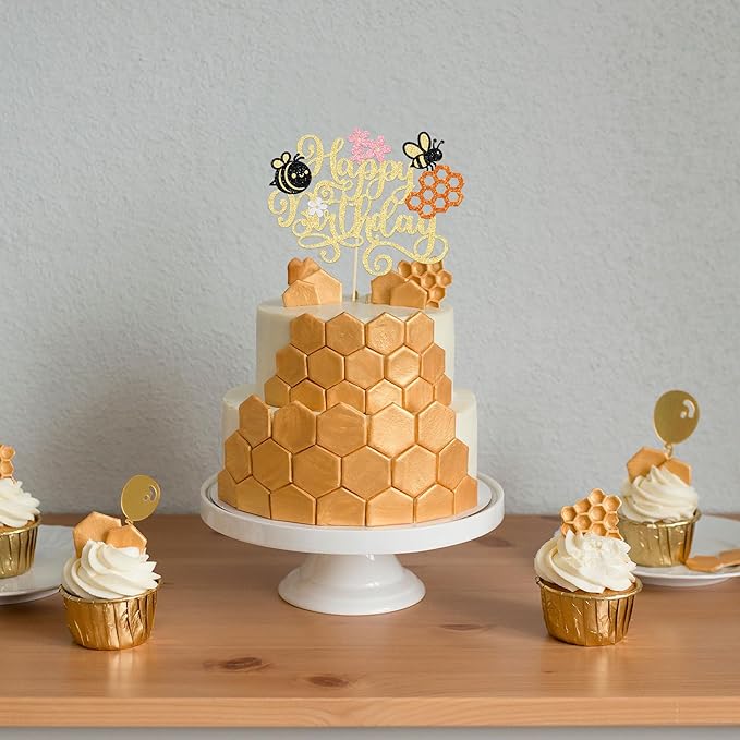 1 Pack Happy Bee Day Cake Topper Bumble Bee Happy Birthday Cake Decoration for Bee Theme Baby Shower Kids Boys Girls Birthday Party Cake Decorations Supplies Gold