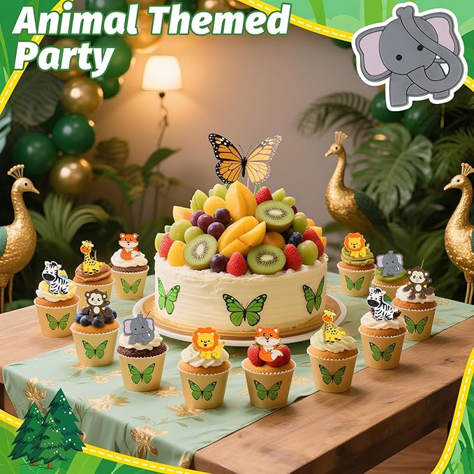 24 PCS Jungle Animals Cupcake Toppers Forest Theme Cupcake Ring Lion Monkey Zebra Fox Giraffe Elephant Cake Topper for Birthday Baby Shower Oh Baby Party Favor Nursery Wild Party Supplies