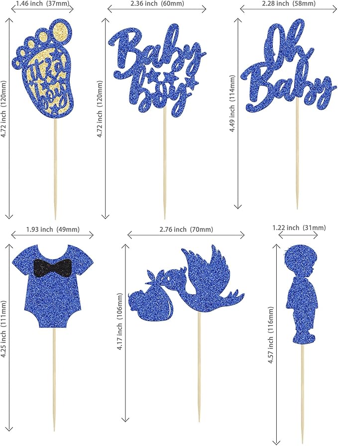 24Pcs Baby Shower Oh Baby Cupcake Toppers with Onesie Swan Baby Boy Footprint Deep Blue Glitter Cake Picks Decorations for Baby Shower Gender Reveal It's a Boy Birthday Party Supplies