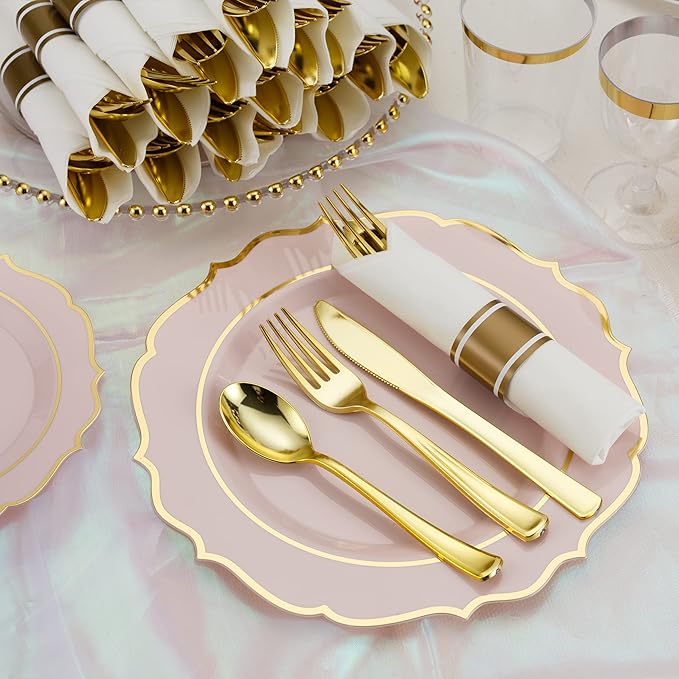 50 Pack Pre Rolled Gold Plastic Silverware Set with Napkins,Disposable Wrapped Heavy Duty Cutlery Set for Wedding Birthday Party-50 Forks,Knives,Spoons,Napkins,Utensils Set,Plasticware Bulk
