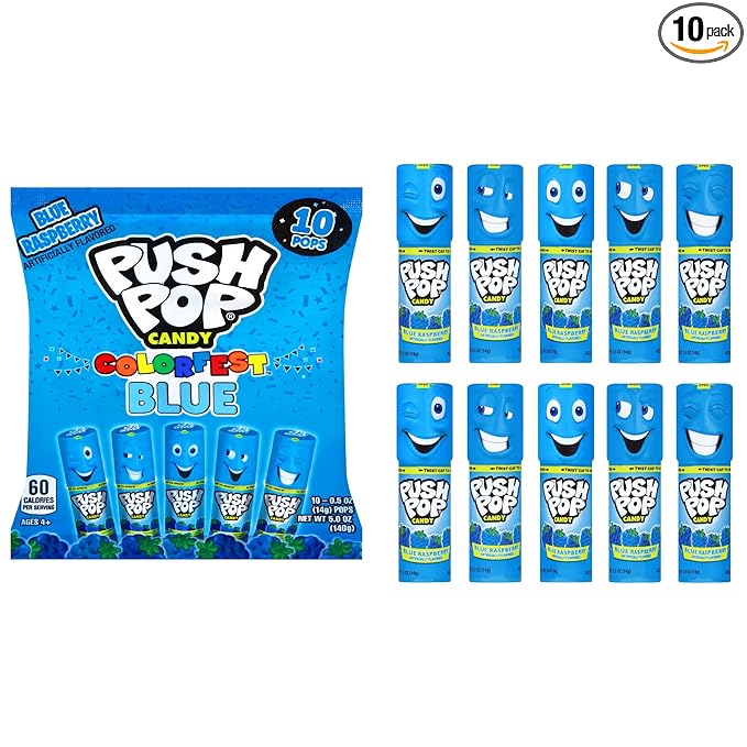 Push Pop Easter Blue Hard Candy Lollipops, 10 Ct Bulk Candy Individually Wrapped in Blue Raspberry Flavor, Lollipops For Easter Basket Stuffers, Party Favors, Treats and Gifts for Kids