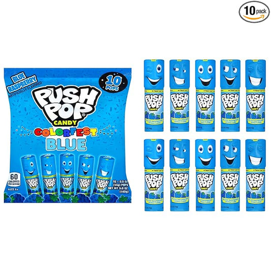 Push Pop Easter Blue Hard Candy Lollipops, 10 Ct Bulk Candy Individually Wrapped in Blue Raspberry Flavor, Lollipops For Easter Basket Stuffers, Party Favors, Treats and Gifts for Kids