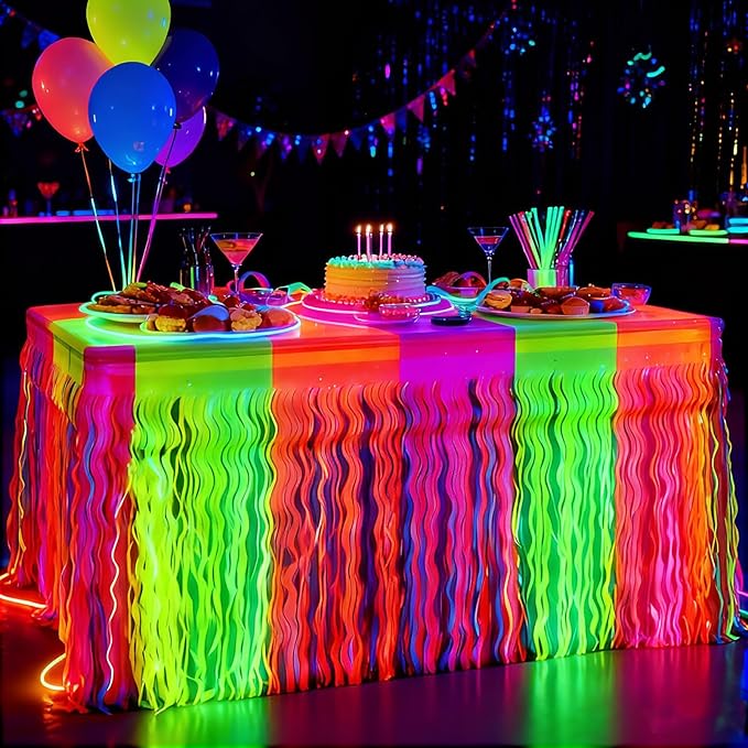 Glow in The Dark Party Supplies, 2 Pack Neon Fluorescent Wavy Metallic Tinsel Foil Fringe Table Skirts, 29.5x108 Inch UV Black Light Reactive Table Streamer Curtain Backdrop Party Decorations