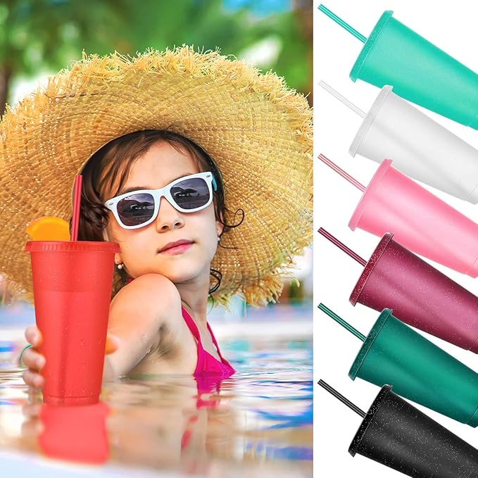 Honeydak 60 Pack Tumbler with Straw and Lid Bulk Glitter Plastic Cups Water Bottle Iced Coffee Travel Mug Reusable Party Favor Cups for Birthdays travel 24-27 oz (Bright Colors)