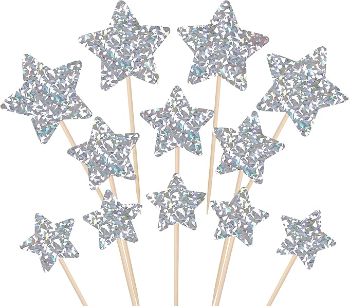30 PCS Silver Little Star Cupcake Toppers Glitter Twinkle Star Cupcake Picks Bridal Shower Cake Decorations for Wedding Engagement Baby Shower Kids Birthday Party Supplies Mixed Size