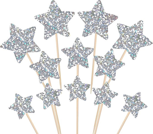 30 PCS Silver Little Star Cupcake Toppers Glitter Twinkle Star Cupcake Picks Bridal Shower Cake Decorations for Wedding Engagement Baby Shower Kids Birthday Party Supplies Mixed Size