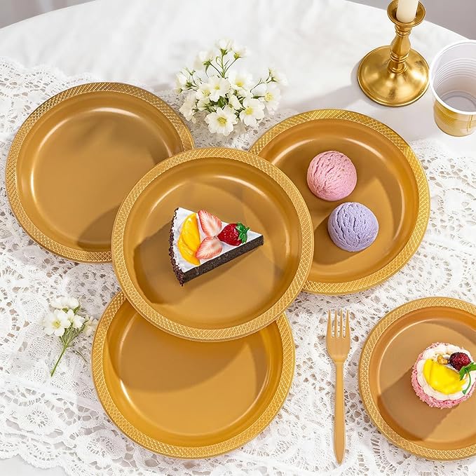 MirthMood 350PCS Gold Plastic Plates,Gold Disposable Plates –Plastic Plates Set Includes 50 Dinner,50 Dessert Plate,50 Cup&50 Napkins, 50 gold Silverware for Wedding& Parties& Birthday