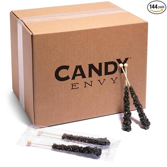 Black Rock Candy Sugar Sticks - Black Cherry Flavored - 144 Individually Wrapped Candy Party Favors