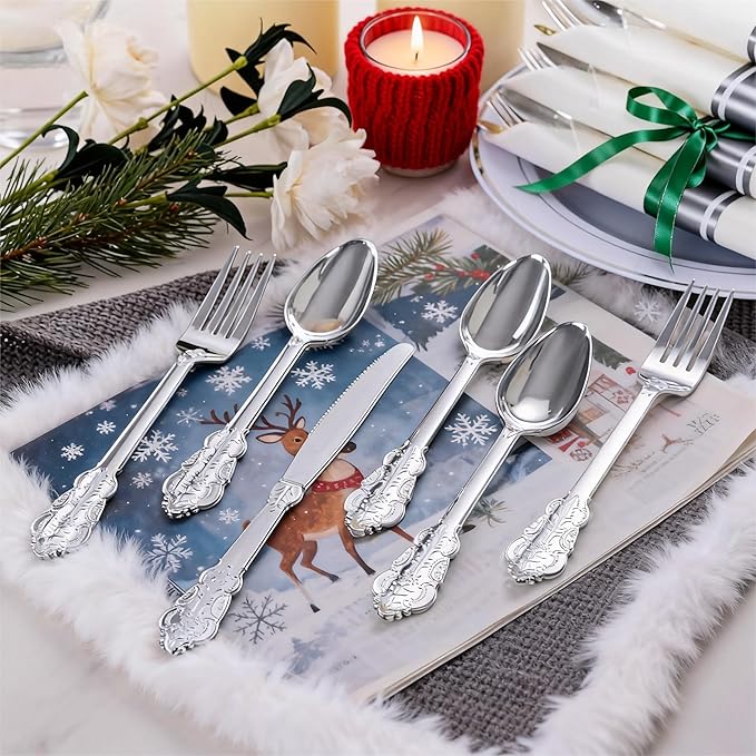 WELLIFE 50 Pack Silver Plastic Silverware,Christmas Silverware,Plastic Cutlery Set Include 50 Forks, 50 Knives, 50 Spoons and 50 Pre Rolled Napkins, Disposable Utensils for Party and Christmas