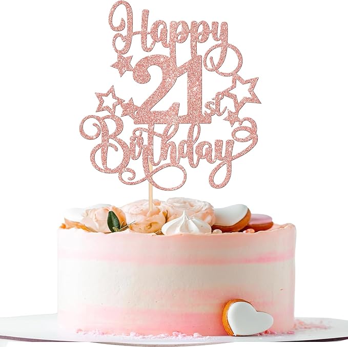 1 PCS Happy 21st Birthday Cake Topper Glitter Cheers to 21 Years Birthday Cake Pick Hello 21 Fabulous Cake Decoration for Happy 21st Birthday Anniversary Party Decorations Supplies Rose Gold