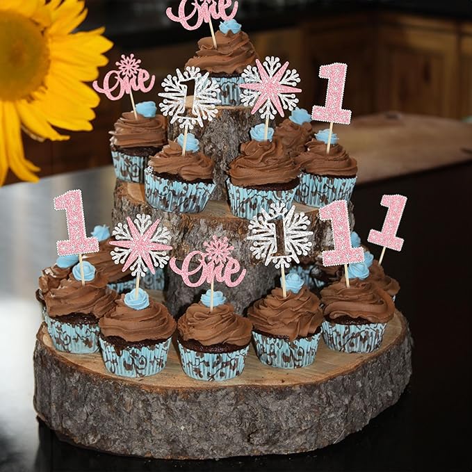 24Pcs Snowflake One Cupcake Toppers Pink Glitter Winter Snowflake 1st Birthday Cupcake Picks First Birthday Cake Decorations for Winter Wonderland Kids 1st Birthday Party Supplies
