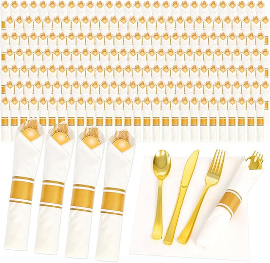 200 Pack Pre Rolled Gold Plastic Silverware Set,Wrapped Plastic Cutlery Set with Napkin Include 200 Forks,200 Spoons,200 Knives and 200 White Napkins for Party,Wedding,Christmas