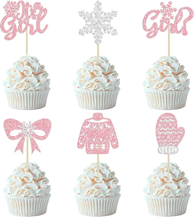 24Pcs Snowflake It's a Girl Cupcake Toppers Glitter Gloves Sweater Winter Frozen Cupcake Picks Wonderland Girls Birthday Baby Shower Cake Decorations Party Supplies Pink