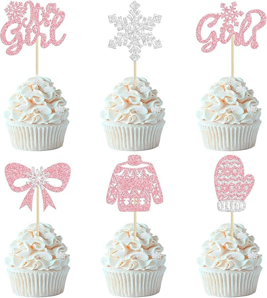 24Pcs Snowflake It's a Girl Cupcake Toppers Glitter Gloves Sweater Winter Frozen Cupcake Picks Wonderland Girls Birthday Baby Shower Cake Decorations Party Supplies Pink