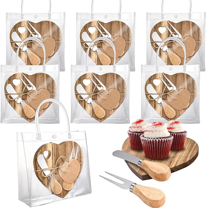 6 Set Heart Shaped Charcuterie Board Wood Mini Charcuterie Board With Cheese Knives Fork Set Bridal Shower Favors for Guest Bridal Baby Shower Prize Wedding Birthday Valentines Day